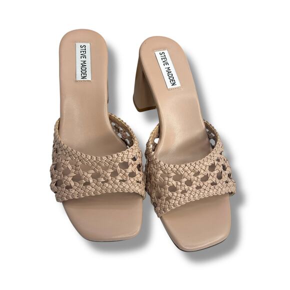Steve Madden Heels Size 8 Mania Woven Block Heel Sandals Blush Nude Slip On Mule - Picture 9 of 12